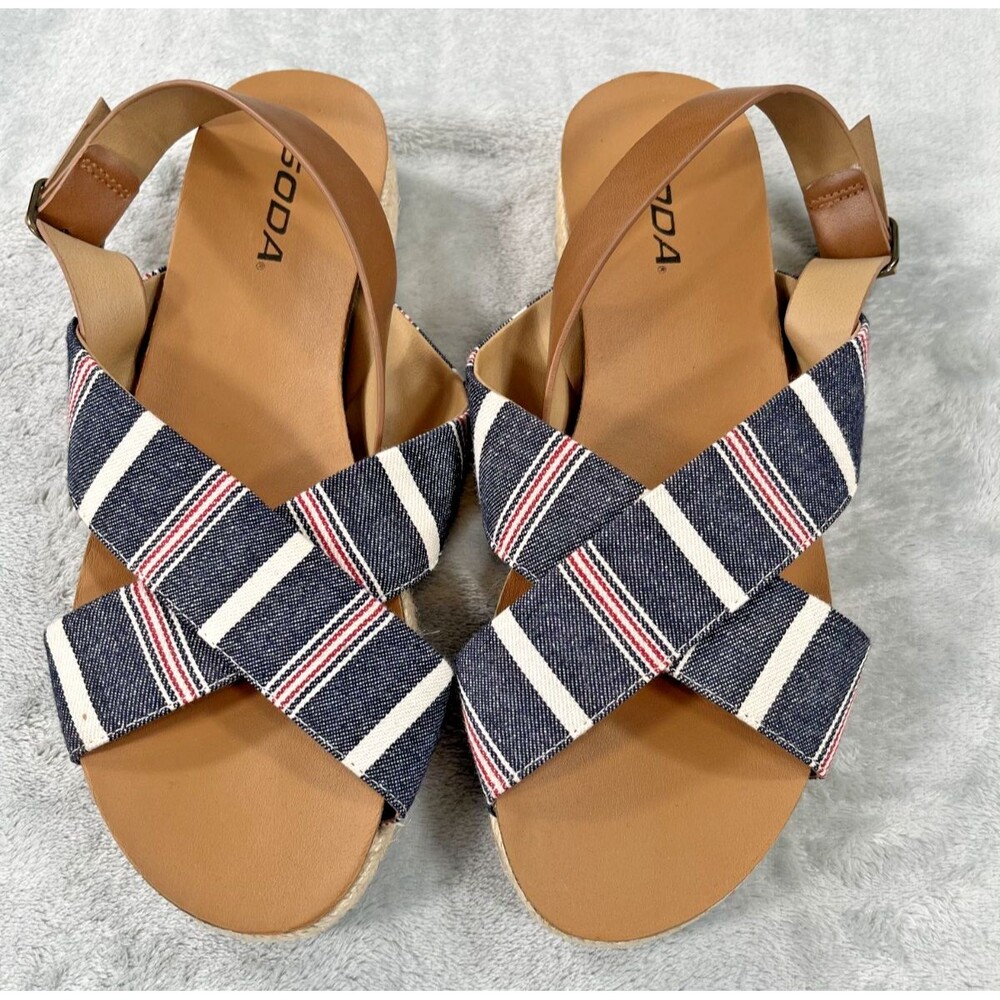 Soda Womens Sandals 8 Platform Espadrille w/Crisscross Strap Navy/White/Red